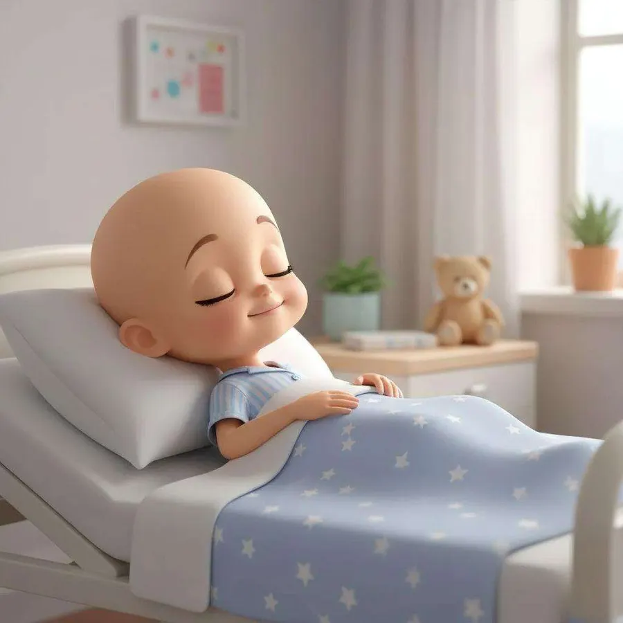 Una niña sin pelo duerme sonriente en la cama del hospital, con un osito de peluche y plantas en la ventana