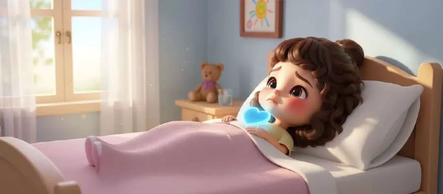 Lola tumbada en su cama sostiene un corazón azul de luz, con su osito de peluche en la mesilla y la ventana llena de sol