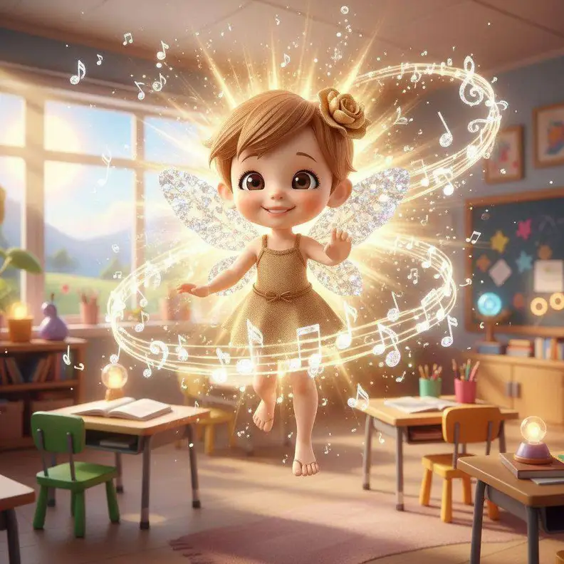 Un hada diminuta de alas brillantes flota en medio del aula rodeada de notas musicales de luz