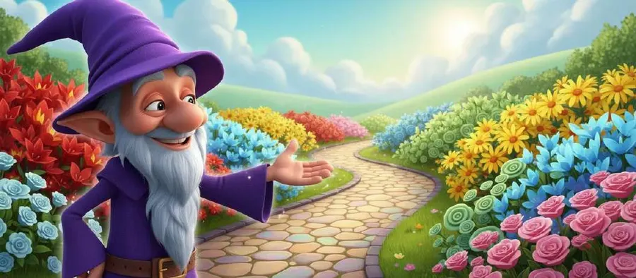 Un mago de túnica y sombrero morados señala un camino empedrado bordeado de flores de todos los colores