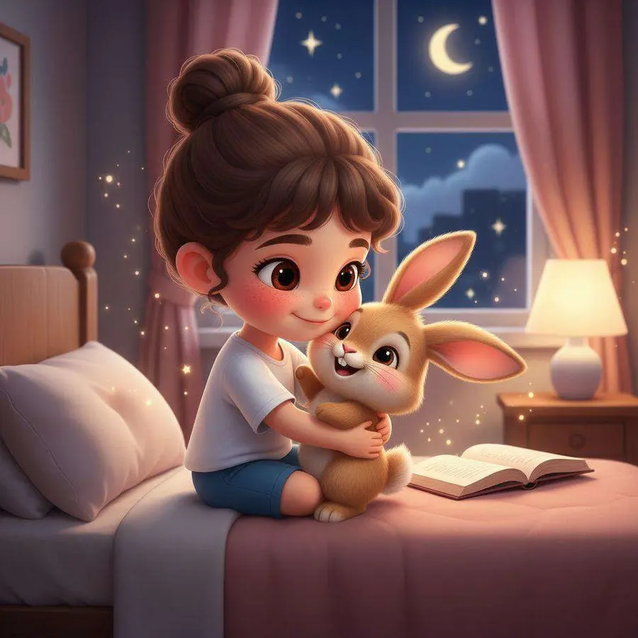 Lola abraza a su conejito sentada en la cama, con la luna y las estrellas al otro lado de la ventana