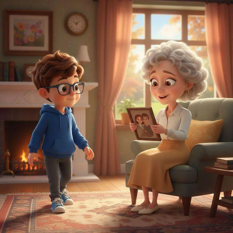 Un niño con gafas se acerca despacio a su abuela, sentada en un sillón junto a la chimenea sosteniendo un retrato enmarcado