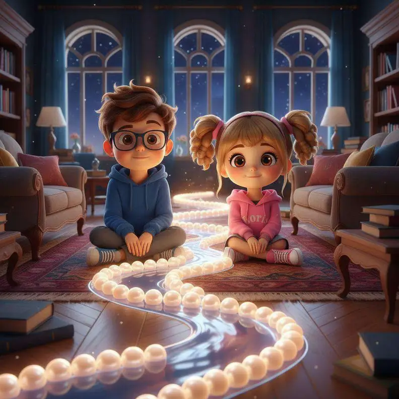 Diego y Ana, sentados en la alfombra del salón por la noche, contemplan un río de perlas luminosas que recorre el suelo