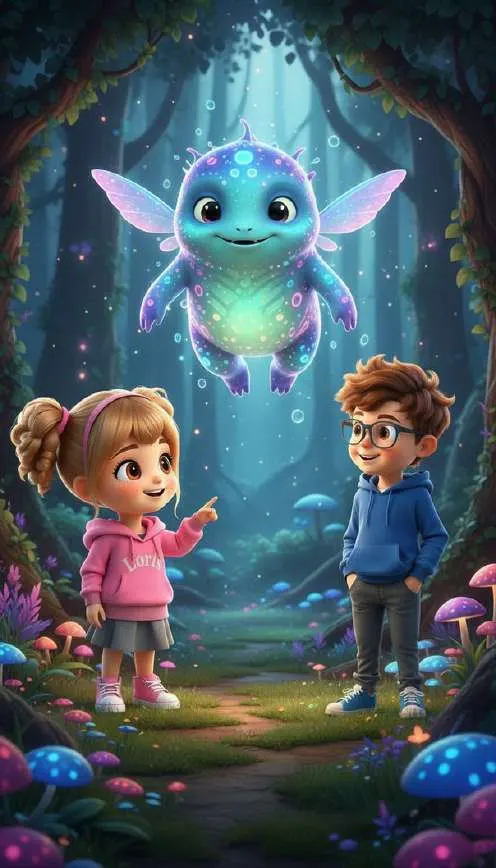 Una criatura luminosa de alas transparentes flota sobre Diego y Ana en un bosque azulado lleno de setas brillantes