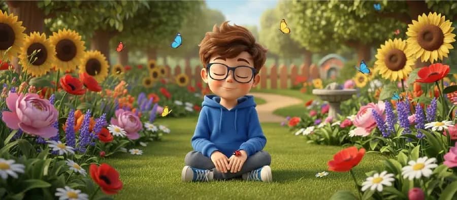 Diego, sentado con las piernas cruzadas en un jardín lleno de girasoles y flores, sonríe con los ojos cerrados