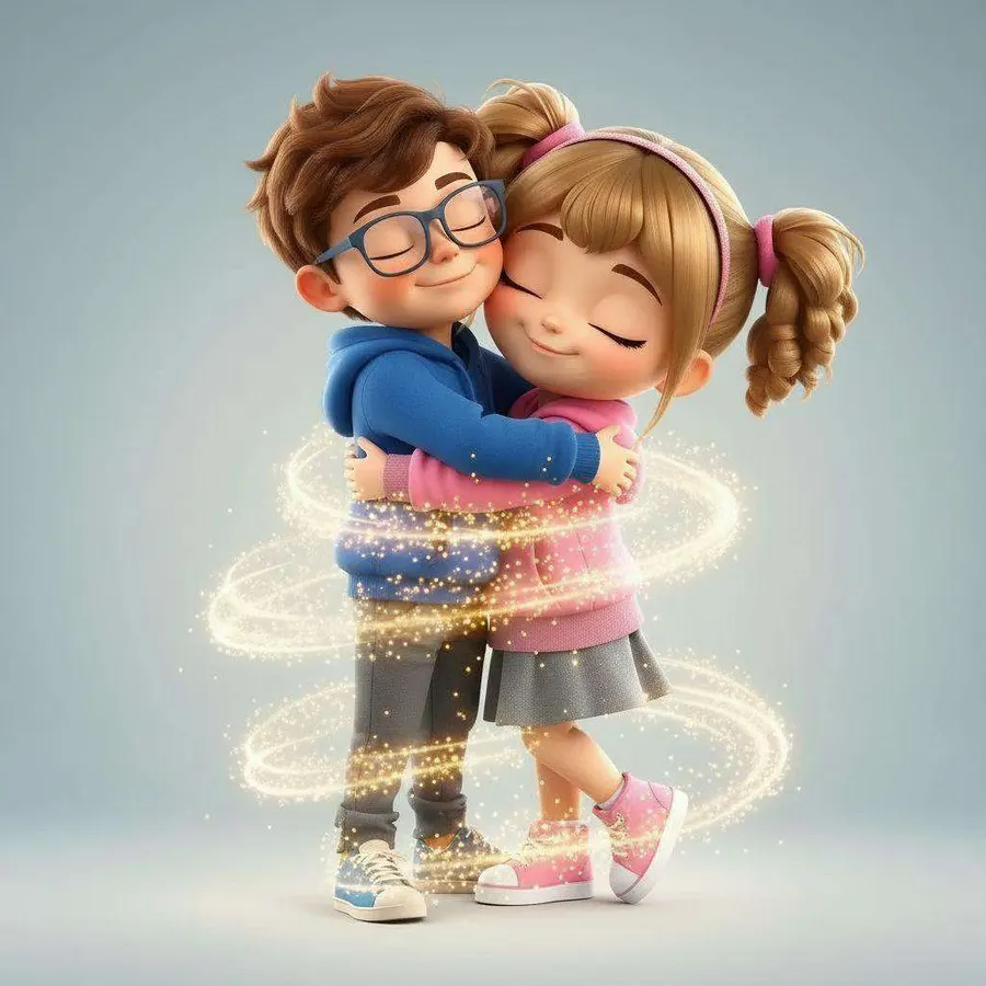 Diego y Ana se abrazan con los ojos cerrados mientras una espiral de luz dorada gira alrededor de los dos