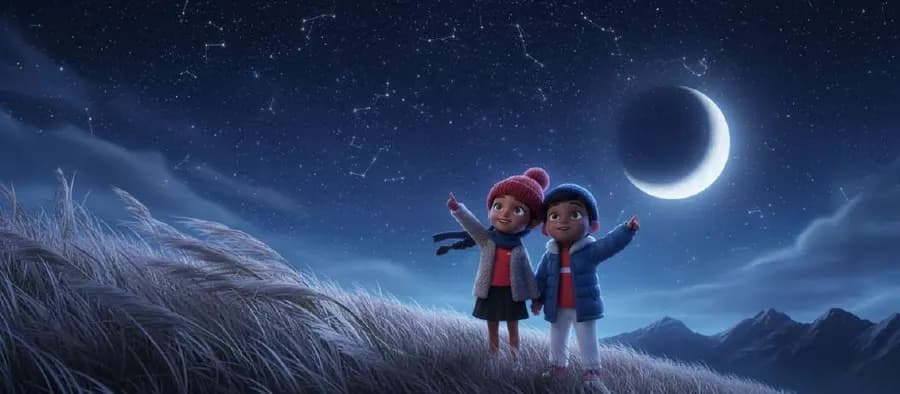 Dos niños abrigados señalan el cielo estrellado desde una ladera de hierba, con una luna creciente sobre las montañas