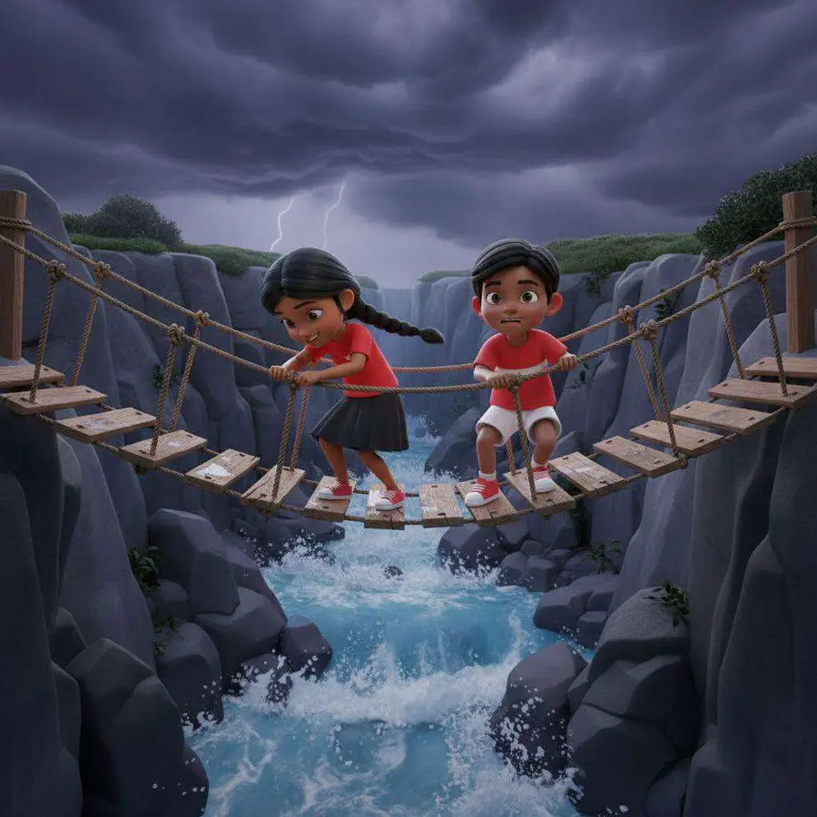 Dos niños cruzan agarrados a las cuerdas un puente colgante sobre un río de aguas bravas, bajo un cielo de tormenta con relámpagos