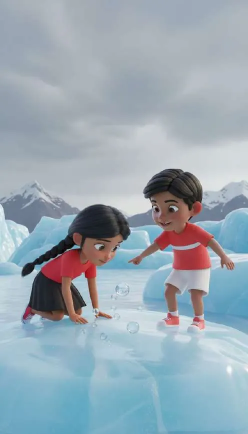 Una niña se agacha a tocar unas burbujas atrapadas en el hielo azul de un glaciar mientras un niño se acerca con los brazos abiertos