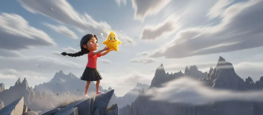 Una niña de pie en lo alto de un risco levanta con las dos manos una estrella amarilla sonriente sobre un mar de nubes y montañas