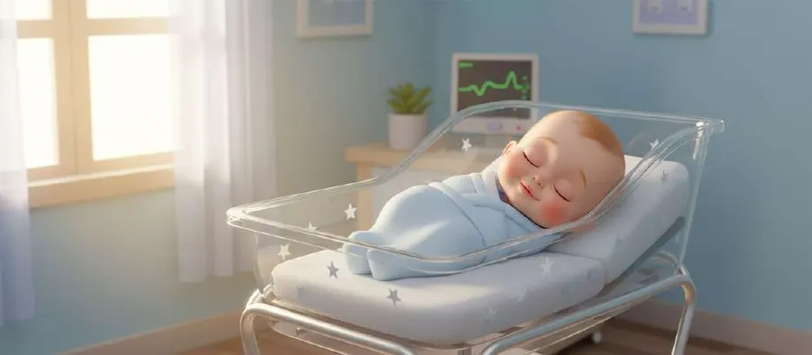Un recién nacido duerme envuelto en azul dentro de una cuna transparente de hospital, junto a una ventana con luz suave