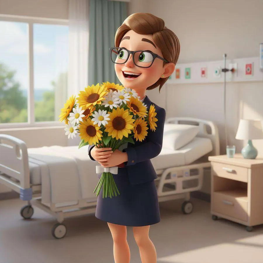 Una mujer con gafas sonríe emocionada en una habitación de hospital sosteniendo un ramo de girasoles y margaritas