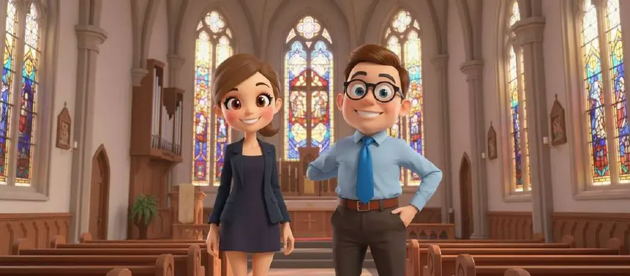 Una pareja posa sonriente en el centro de una iglesia, entre bancos de madera y vidrieras de colores