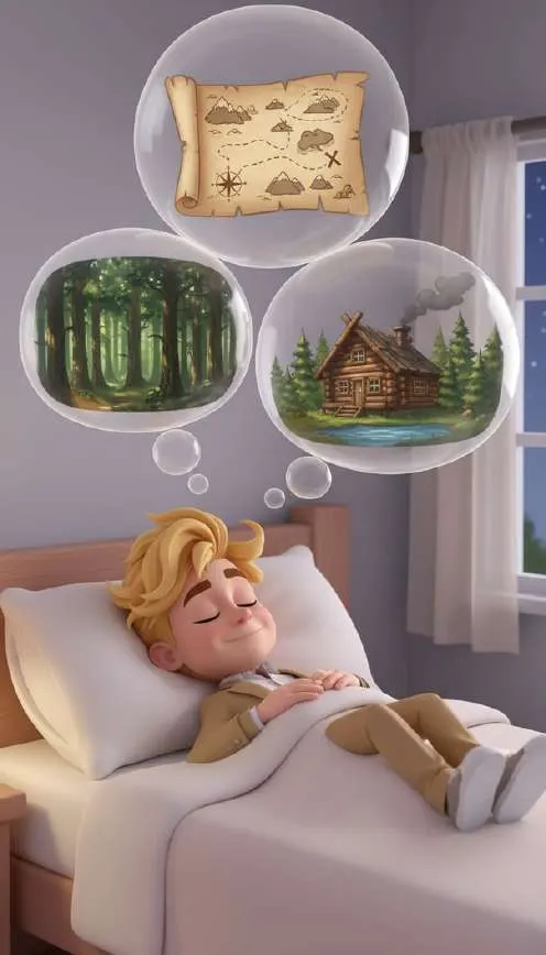 Un hombre duerme en la cama abrazado a un peluche mientras tres burbujas de sueño flotan sobre él con un mapa del tesoro, un bosque y una cabaña de madera
