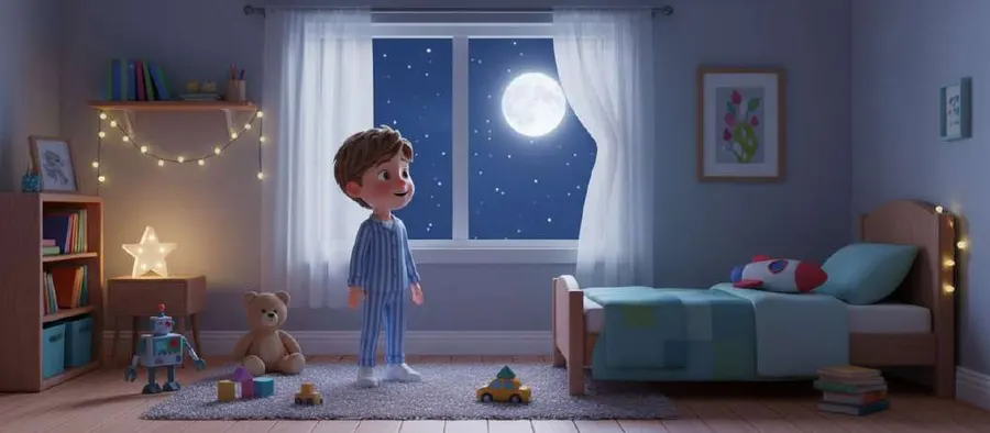 Lucas, en pijama, mira por la ventana de su cuarto la luna llena mientras sus juguetes descansan en el suelo