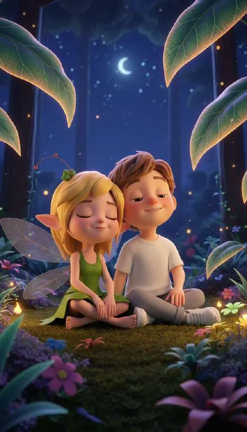 Lucas y Olivia, una ninfa de alas transparentes, descansan sentados en el suelo del bosque bajo la luna