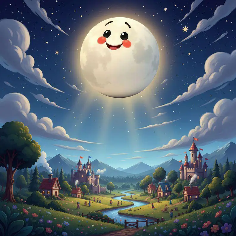 Catalina, la luna sonriente, ilumina con un haz de luz plateada el reino de casitas y castillos junto al río