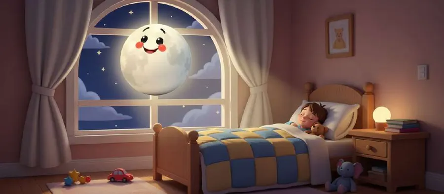 Catalina, la luna con cara sonriente, vela desde la ventana el sueño de Lucas, dormido en su cama