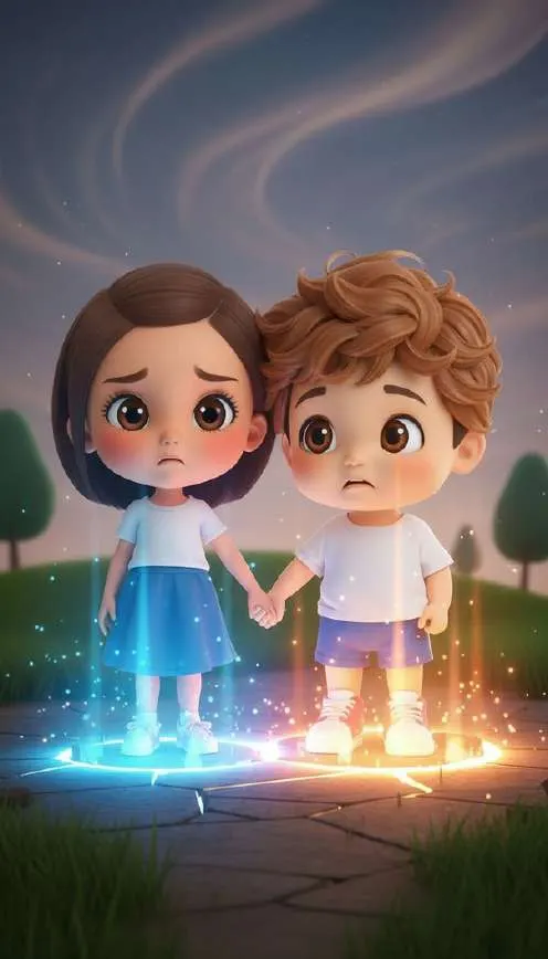 Dos niños cogidos de la mano dentro de un círculo de piedras que brilla con luz azul y dorada, con humo girando a su alrededor