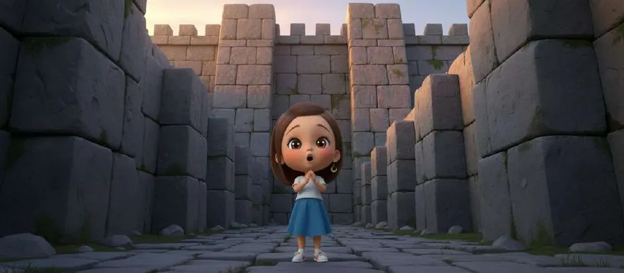 Una niña diminuta de pie ante los muros gigantescos de una fortaleza inca hecha de bloques de piedra enormes