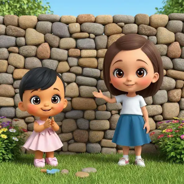 Dos niñas pequeñas sonríen delante de un muro de piedras encajadas, con hierba y flores a sus pies