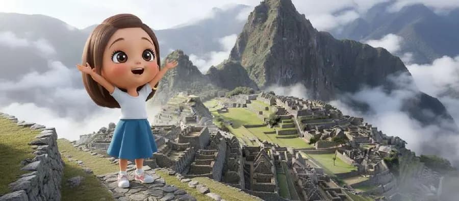 Una niña abre los brazos en lo alto de un sendero de piedra sobre las ruinas de Machu Picchu, entre nubes y montañas