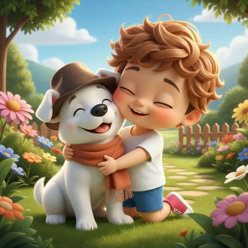 Un niño abraza con los ojos cerrados a un perro blanco con sombrero y bufanda, en un jardín lleno de flores