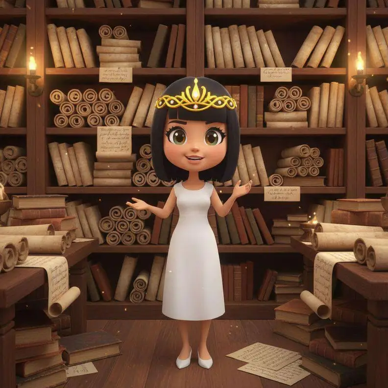La princesa Cleo, con diadema dorada y vestido blanco, extiende los brazos en una biblioteca de estanterías repletas de papiros enrollados