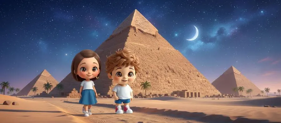 Dos niños de pie sobre la arena ante la Gran Pirámide bajo un cielo nocturno estrellado con una luna creciente