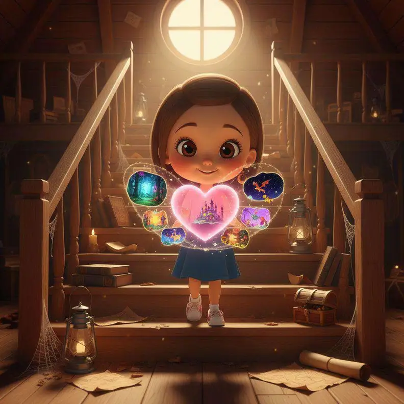 Una niña baja las escaleras de un desván iluminado por un ventanuco redondo, rodeada de burbujas de recuerdos y un corazón rosa que brilla