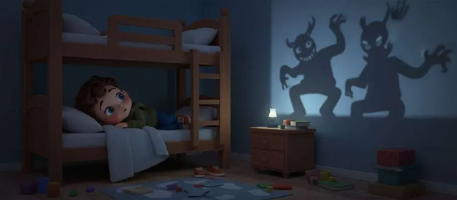 Un niño despierto en la litera de abajo observa las sombras con forma de monstruo que se proyectan en la pared de su cuarto a oscuras