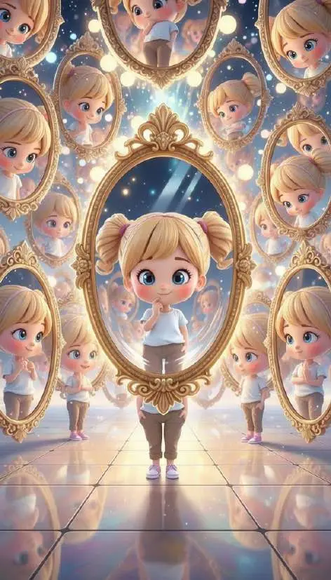 Una niña avanza por una sala de espejos dorados que repiten su reflejo una y otra vez hasta el fondo del pasillo