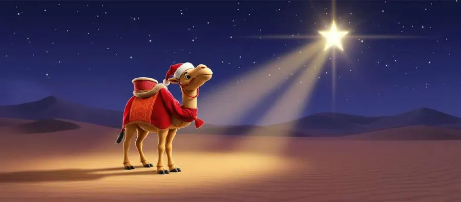 Un camello ensillado con mantas rojas cruza el desierto de noche bajo el haz de luz de una estrella muy brillante