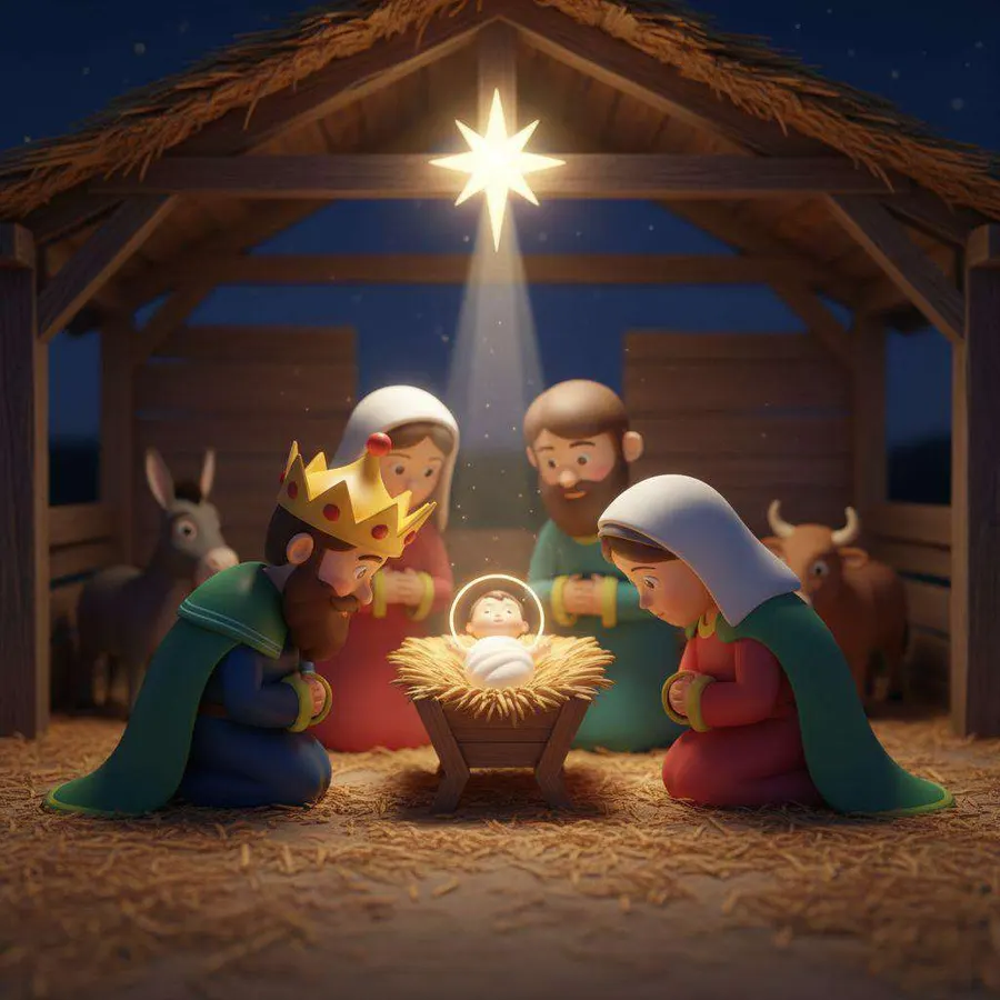 Un rey mago arrodillado ante el pesebre donde duerme el Niño Jesús, con María, José, la mula y el buey bajo la estrella