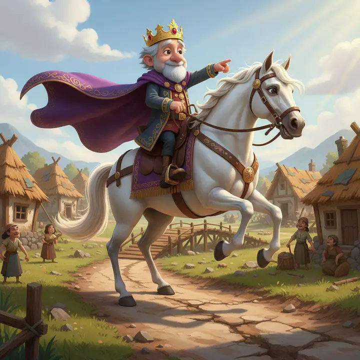 Carlos III, con corona y capa, señala desde su caballo blanco el camino lleno de baches que atraviesa una aldea de chozas