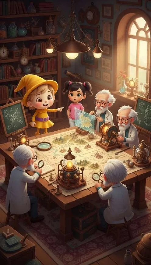 Chispa y una niña observan a varios científicos que estudian con lupas unos mapas y maquetas sobre una gran mesa de trabajo