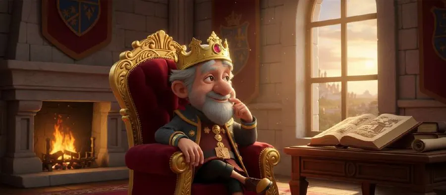 Carlos III, pensativo con la mano en la barbilla, sentado en su trono junto a la chimenea y un libro abierto