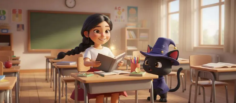 Una niña lee un libro sentada en su pupitre mientras un gato negro con sombrero de mago la mira desde el suelo del aula