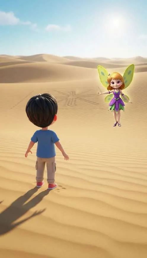 Un niño de espaldas contempla el desierto mientras un hada de alas verdes flota a su lado sobre la arena dibujada