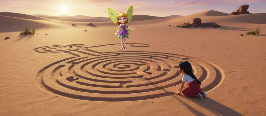 Un hada flota sobre una enorme espiral dibujada en la arena del desierto mientras una niña la recorre agachada