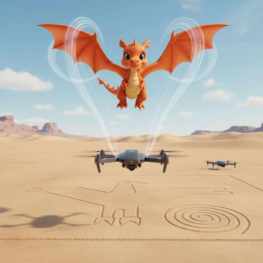 Un dragón naranja vuela con las alas abiertas sobre un dron y crea una corriente de aire que lo aparta de los dibujos de la arena
