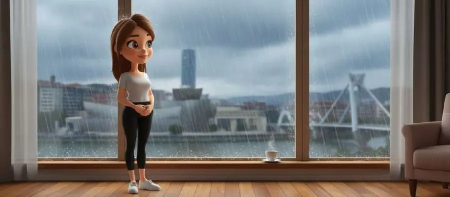 Mamá espera junto al ventanal mientras llueve sobre la ría de Bilbao