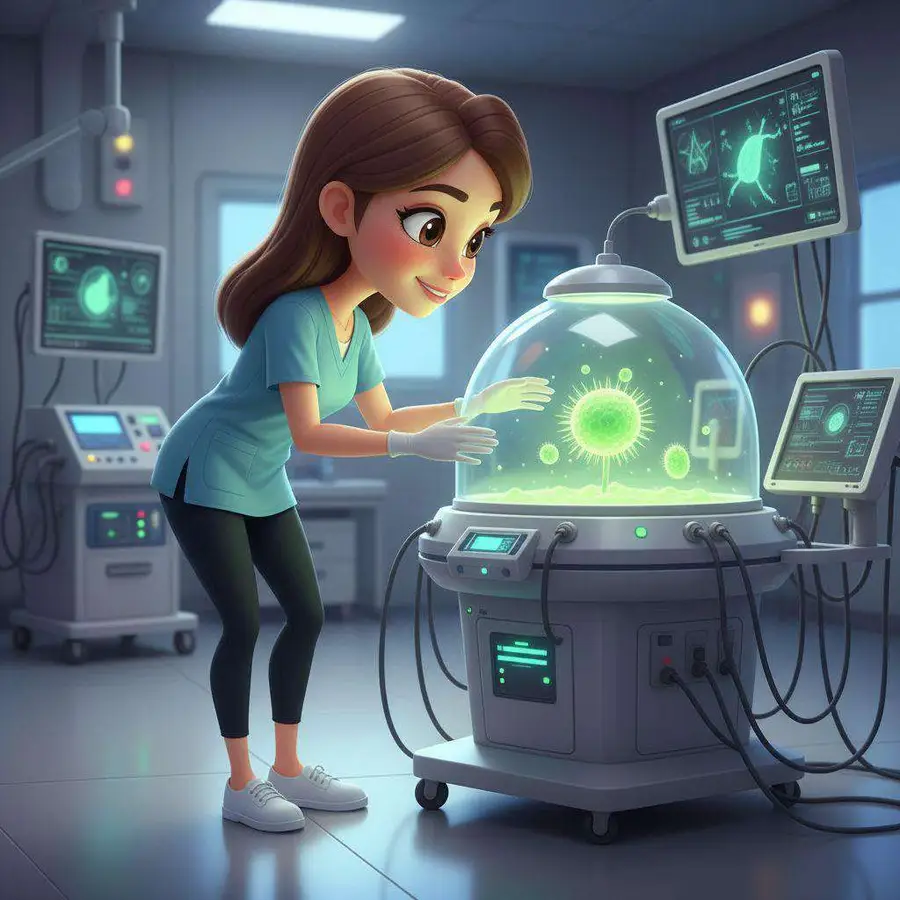 Una doctora manipula con cuidado una cápsula luminosa en una clínica rodeada de pantallas y aparatos