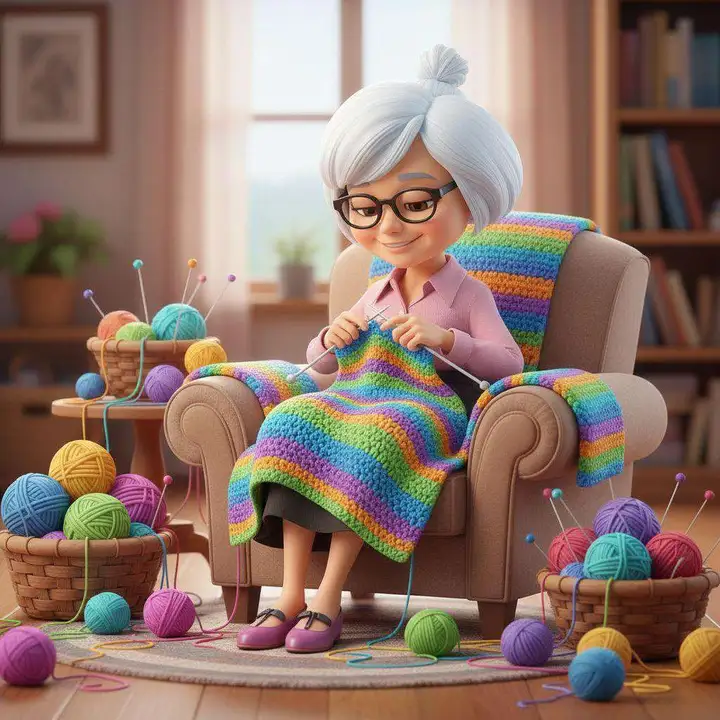 Nona teje una manta de rayas de colores en su sillón, rodeada de cestas llenas de ovillos de lana