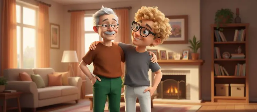 El abuelo Tomás y el tío Pedro, abrazados por los hombros, en el salón junto a la chimenea encendida