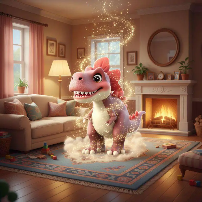Bront, un dinosaurio de escamas moradas, aparece entre chispas doradas en la alfombra del salón junto a la chimenea