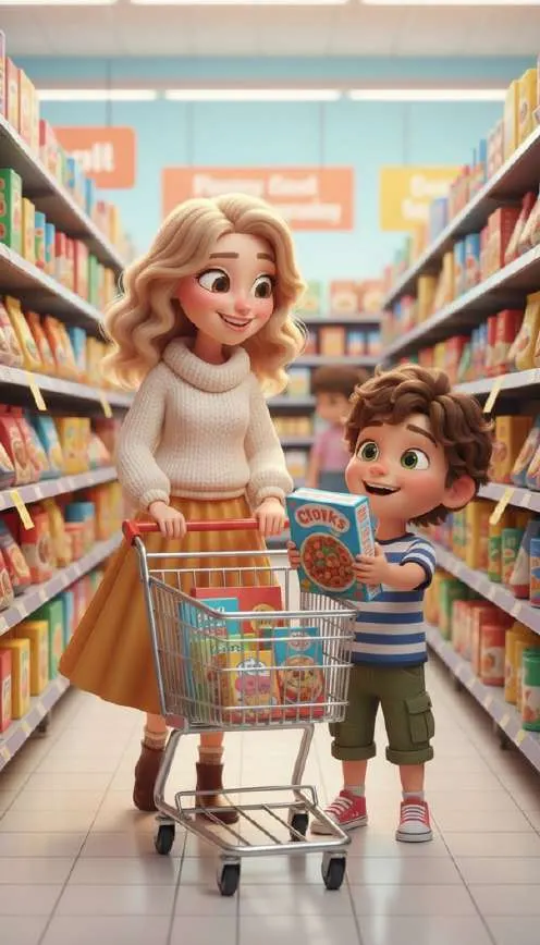 Elena y Nico empujan el carro por el pasillo del supermercado mientras él sostiene una caja de galletas