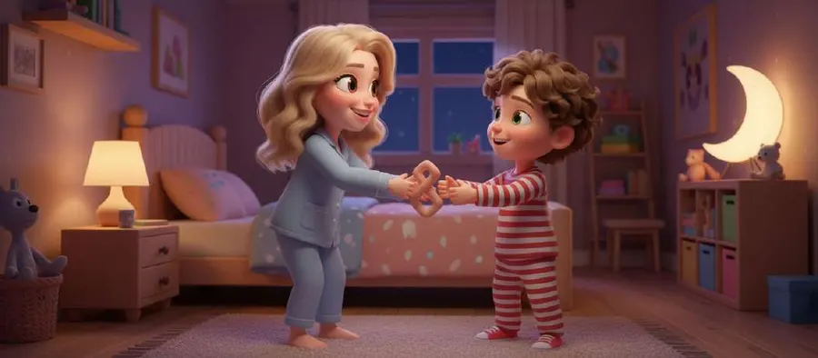 Elena y Nico, en pijama, chocan las manos haciendo su saludo secreto en el dormitorio de noche