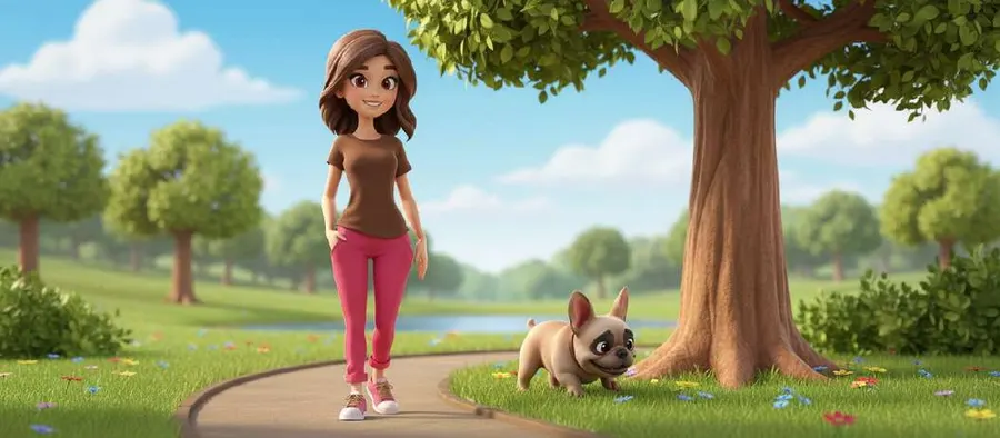 Una mujer pasea por el camino de un parque mientras su perro pequeño corre por la hierba hacia un árbol enorme
