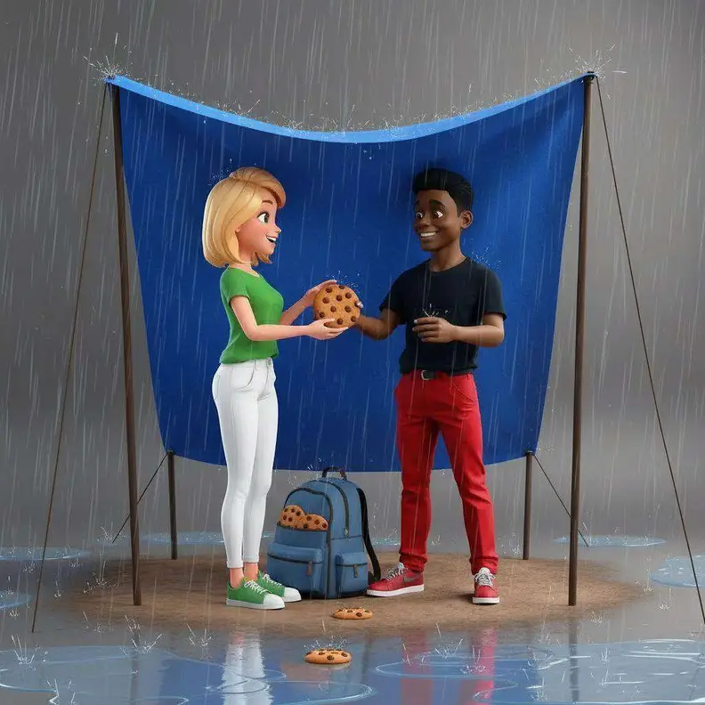 Dos personas se refugian de la lluvia bajo un toldo azul en el parque y comparten una galleta, con una mochila a sus pies